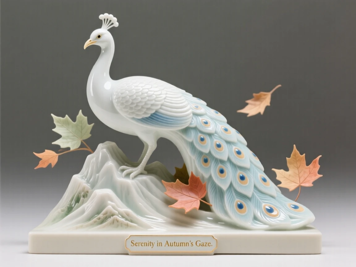 A serene peacock gazing calmly into the distance in a rugged mountain ridge, surrounded by drifting autumn leaves.