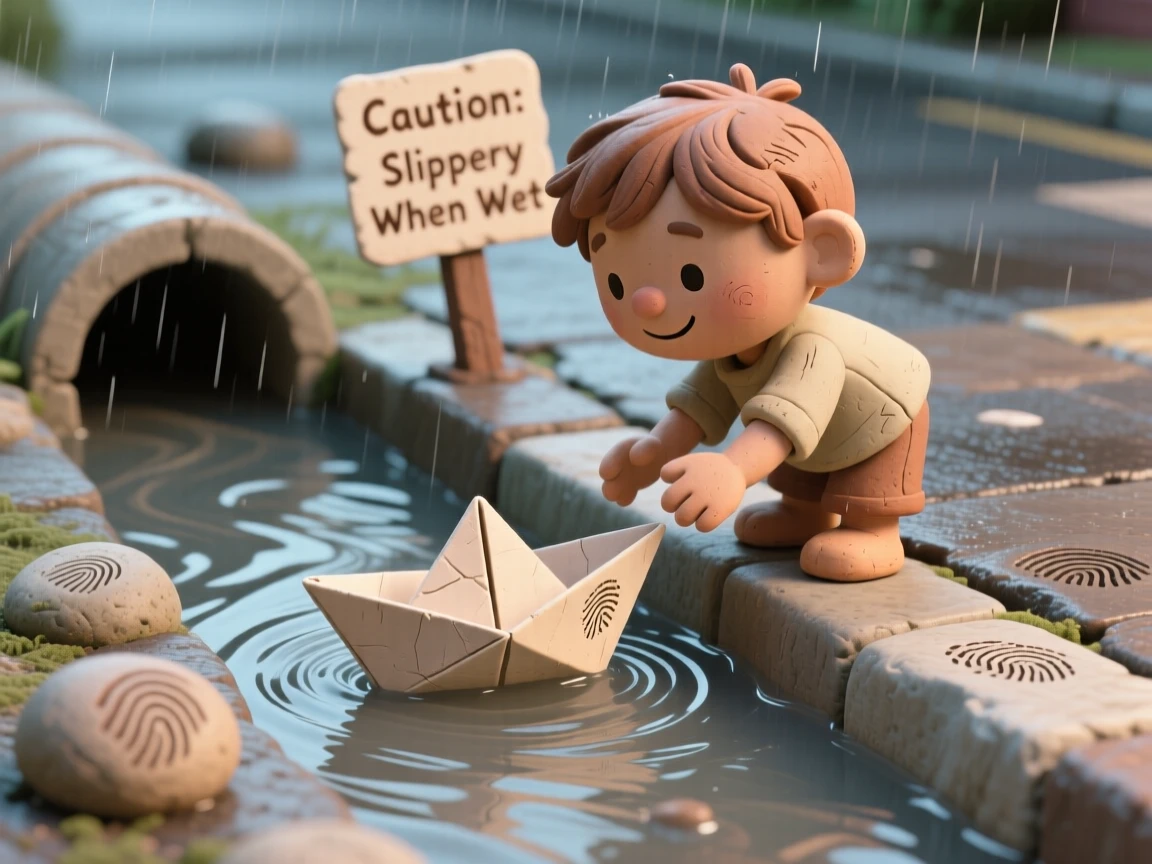 A child releasing a paper boat into a rain-swollen gutter stream