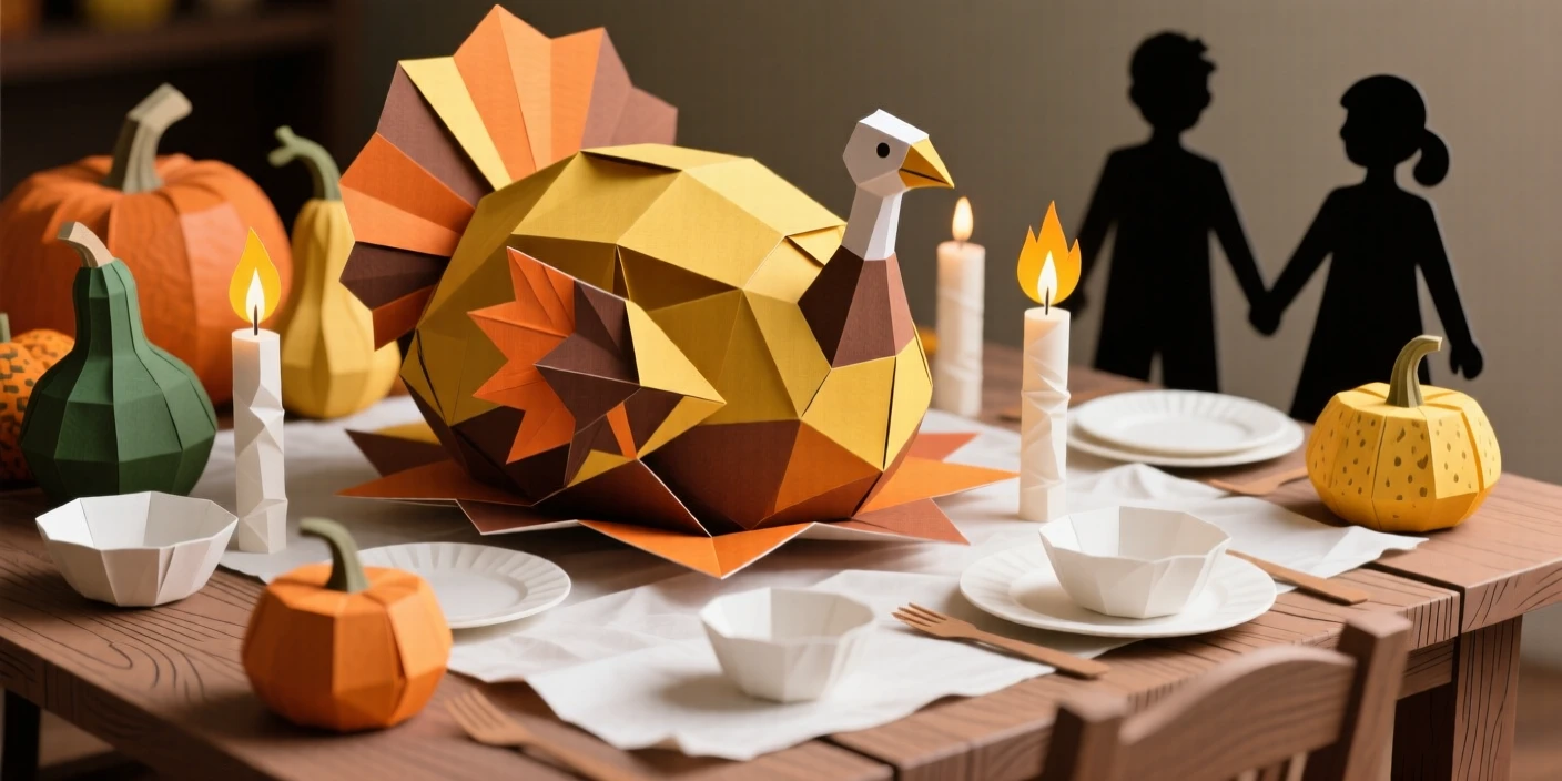 A festive Thanksgiving table spread with a golden roasted turkey, autumn gourds, and warm candlelight, family silhouettes gathering around it, evoking gratitude and togetherness.