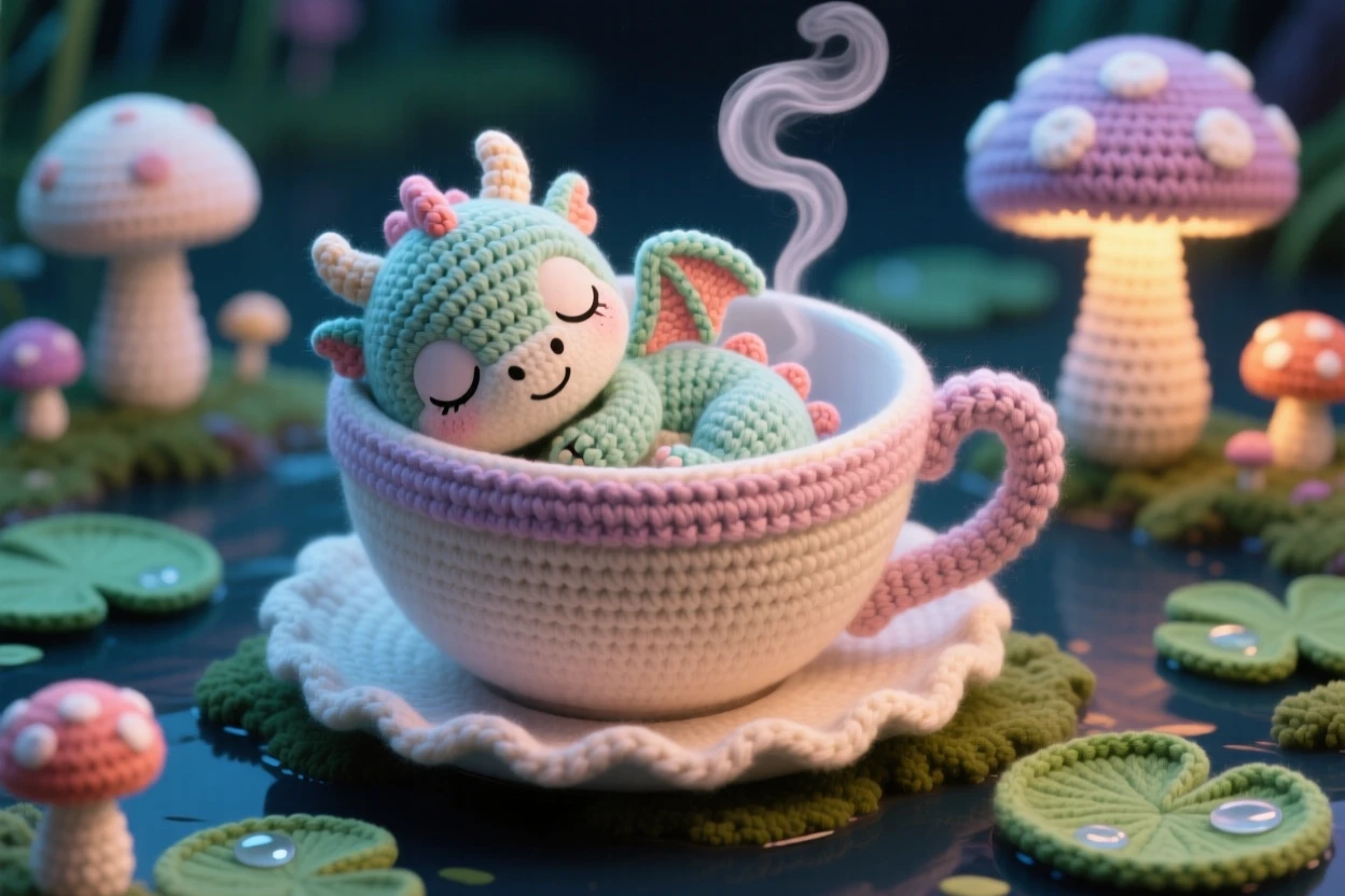 A charming portrait of a small baby dragon curled in a teacup, with tiny wisps of smoke, napping contentedly inside a giant teacup beside a ring of softly glowing toadstools in a quiet swamp dotted with glowing lily pads, conveying dreamy tranquility under a magical sky.