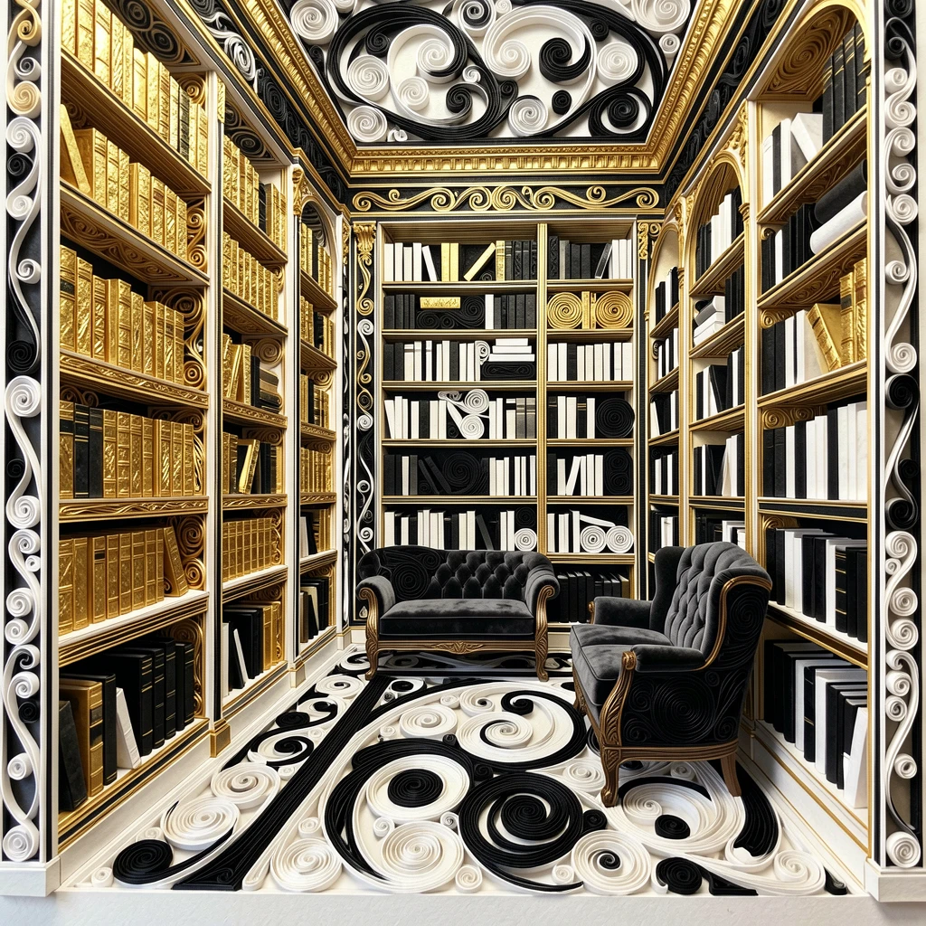 A sophisticated luxury scene of a grand library with floor-to-ceiling gilded shelves in a plush velvet-lined boutique, in classic monochrome black and white, framed with an air of quiet, understated elegance.