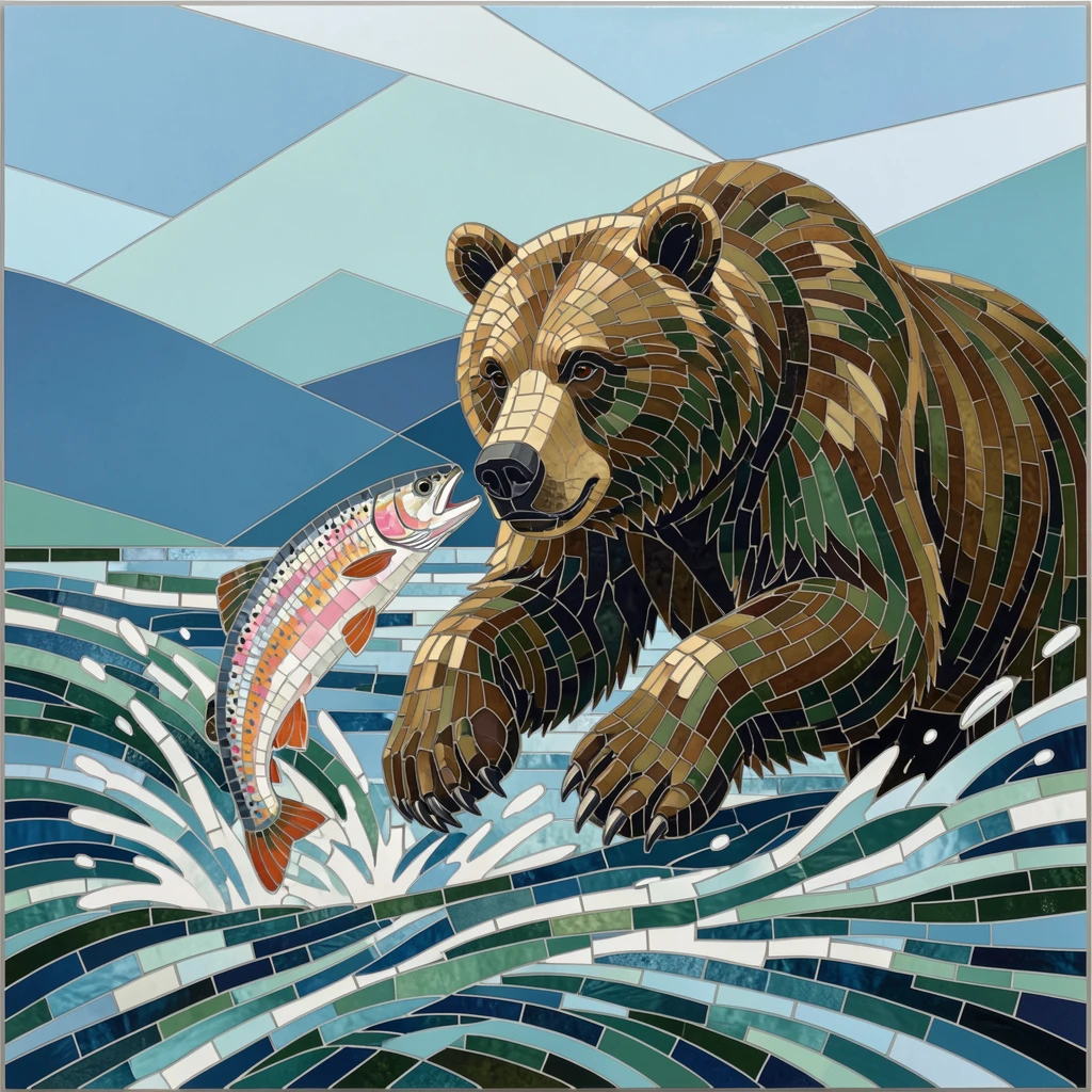 A grizzly bear catching salmon in a rushing river, captured in soft natural light with a shallow depth of field.