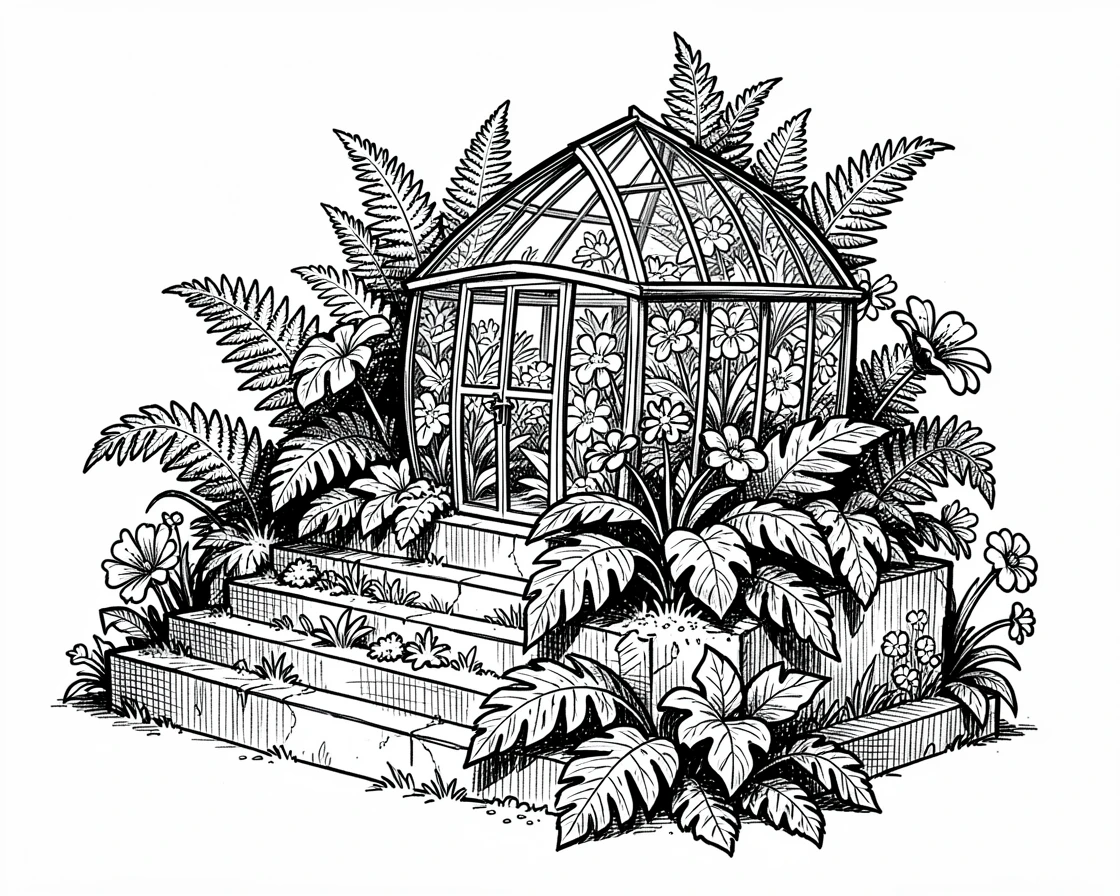 A greenhouse full of ferns and blooms in a terraced hillside garden.