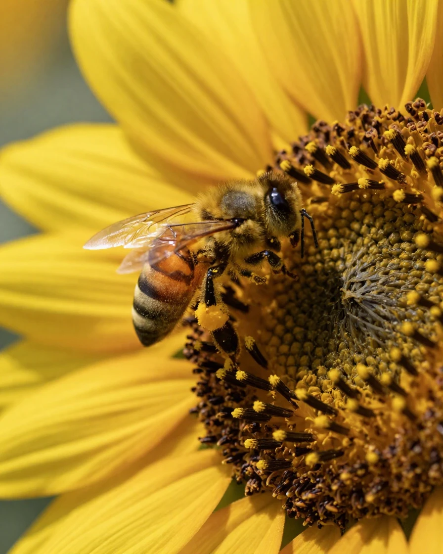 A honeybee collecting pollen from a sunflower