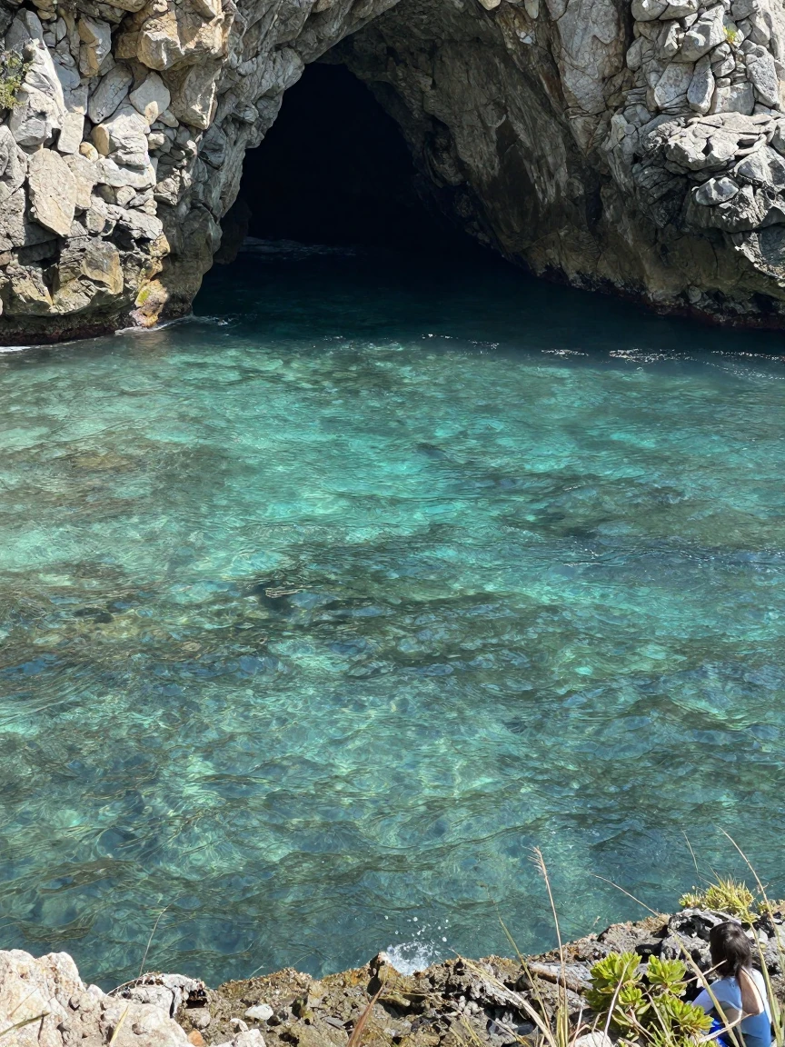 A hidden cove glows turquoise where an underwater cave meets open sea.