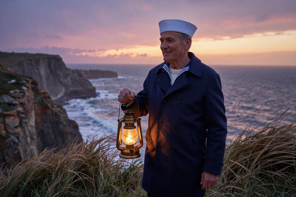 A middle-aged sailor holding a lantern in the fading light on a windswept coastal cliff, a gentle smile crossing their face