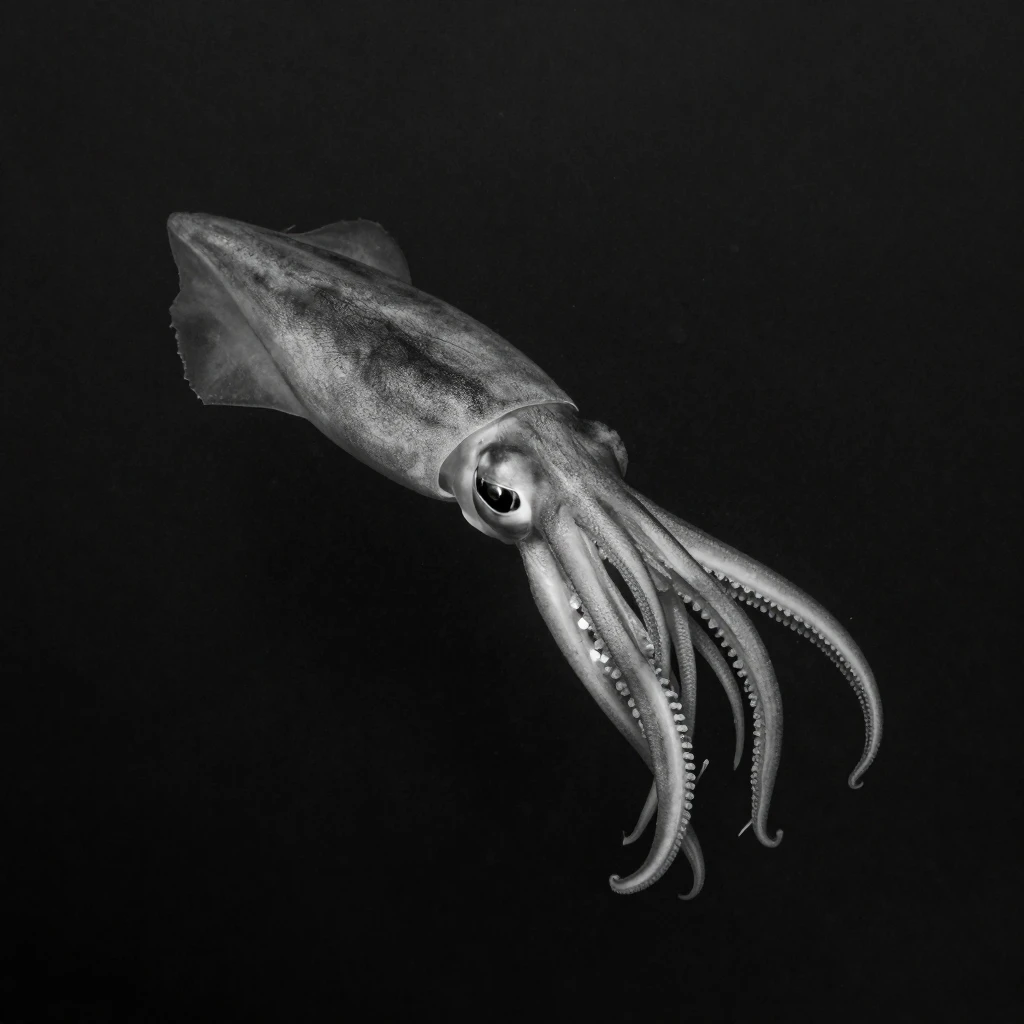 A giant squid drifts through the inky darkness in the deep twilight zone.