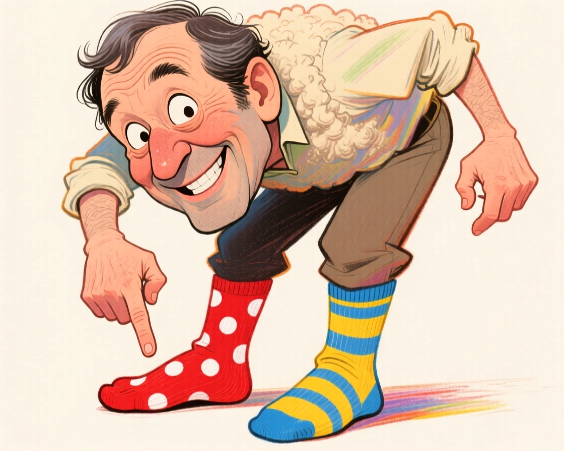 A man caught with mismatched socks, sheepishly pointing down at his feet.