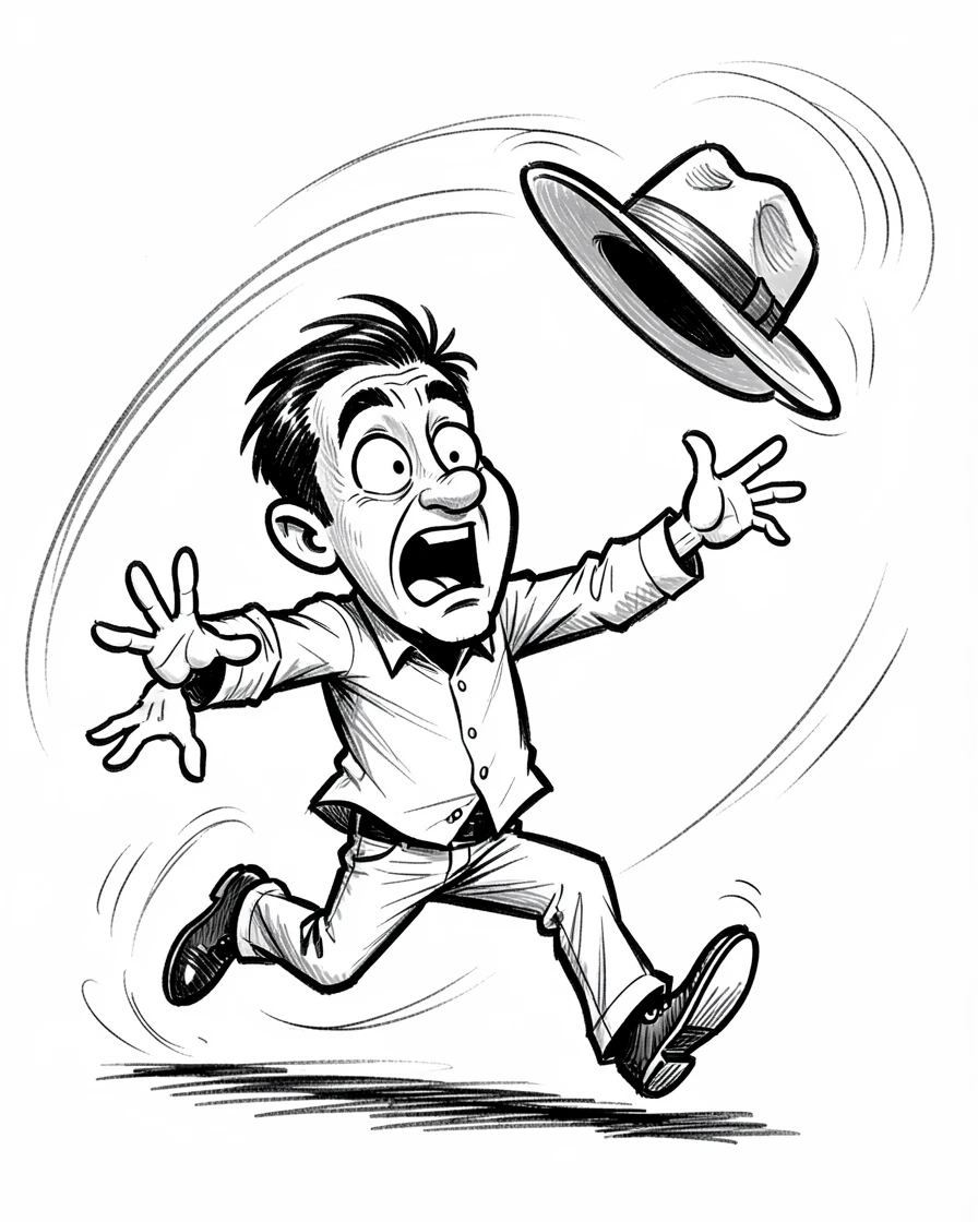 [Funny & Exaggerated Situations] Comical scene of a man desperately chasing his hat as the wind blows it away, exaggerated for maximum laughs