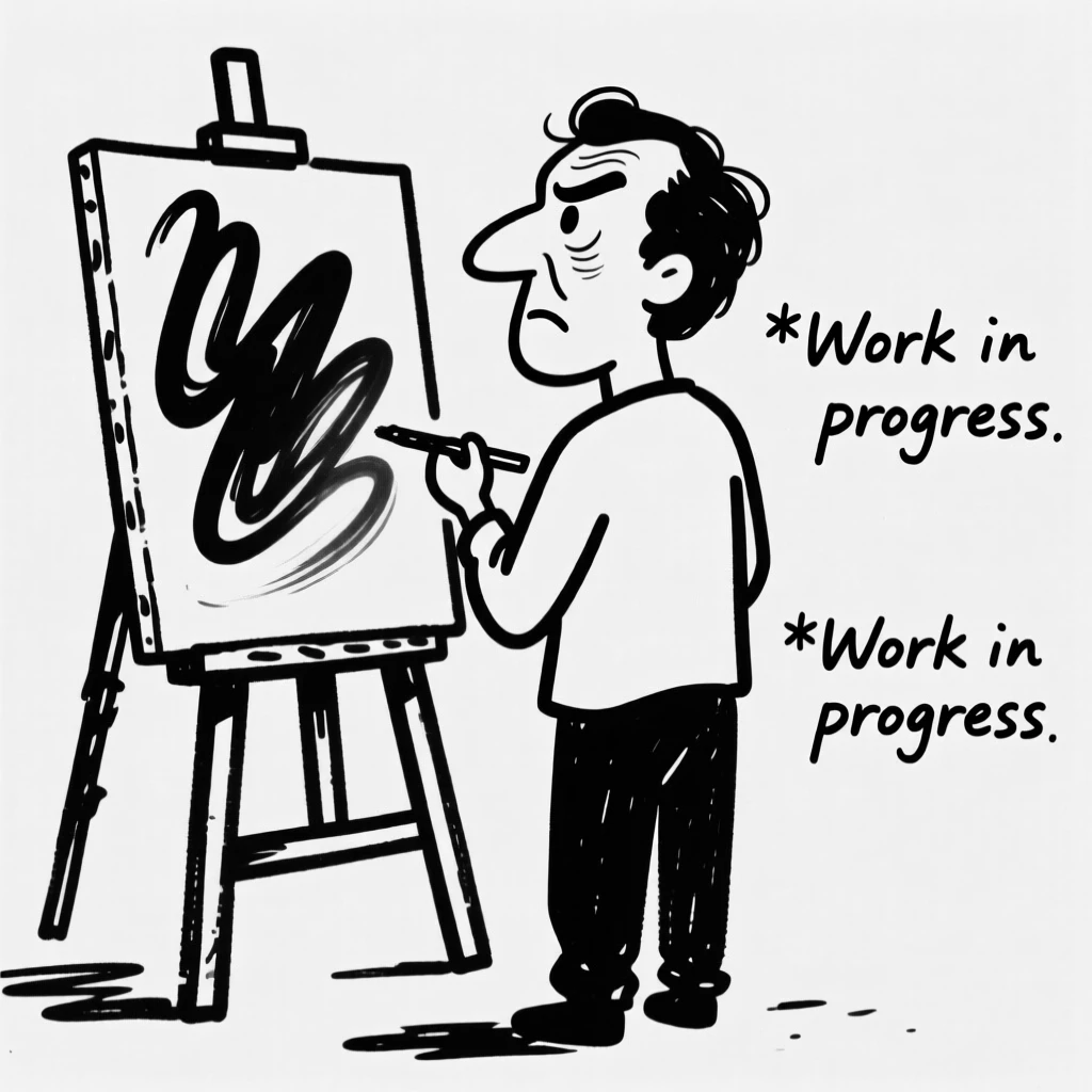 A painter standing back from an easel, studying a half-finished canvas with a critical eye.