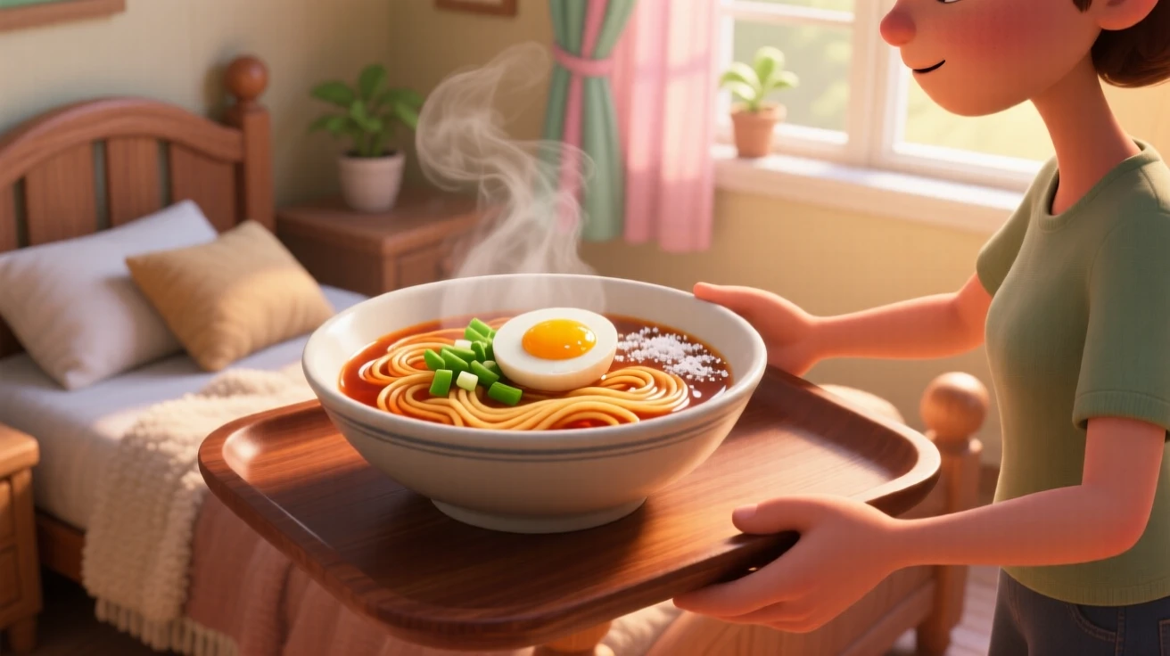 A bowl of steaming ramen with soft-boiled egg sits on a tray carried to a cozy bedroom, with a light dusting of powdered sugar. A comforting, homey feeling fills the moment.