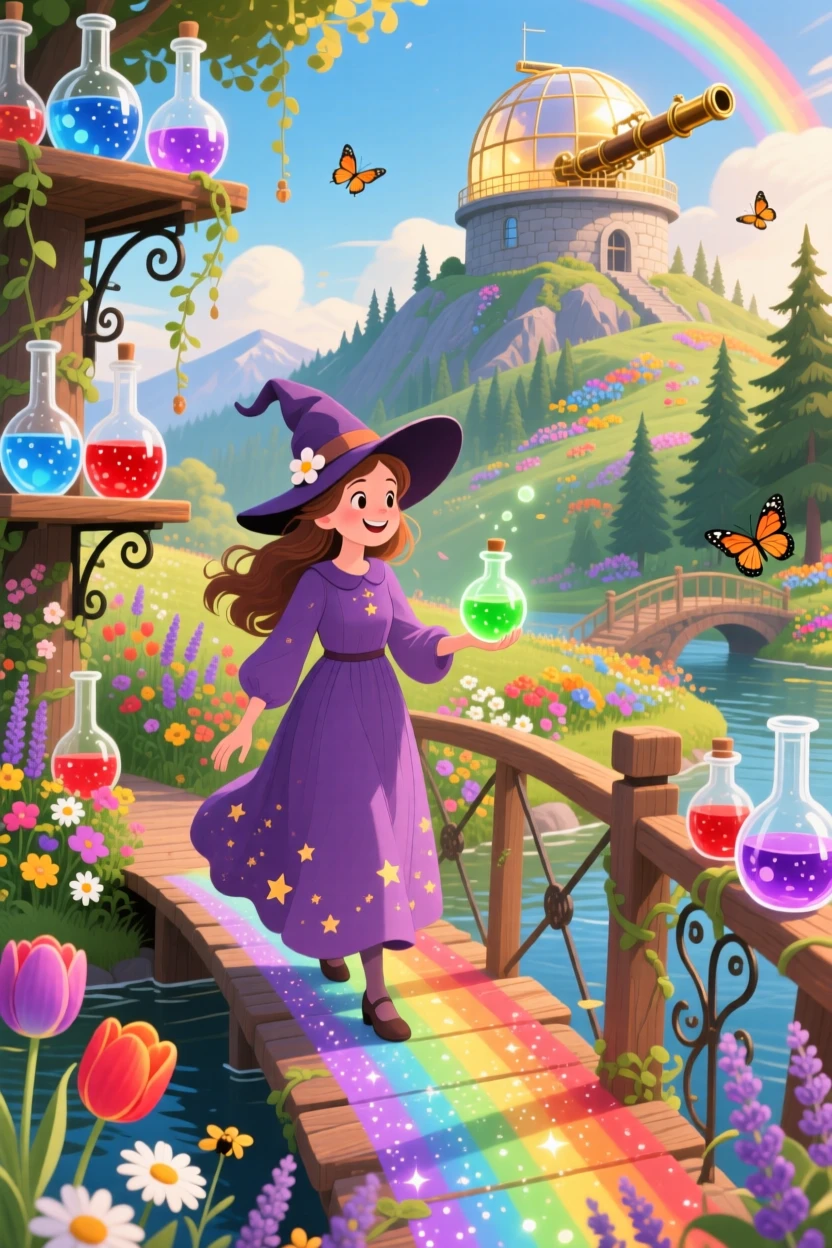 A kind witch with a garden of potions pauses from crossing a bridge made of rainbow light to marvel at a mountaintop observatory, while a gentle breeze carries the scent of flowers.