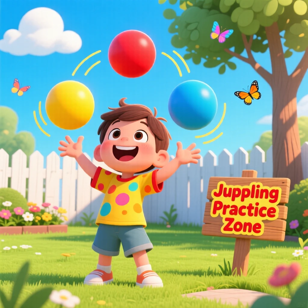 A child learning to juggle three colorful balls in a backyard.