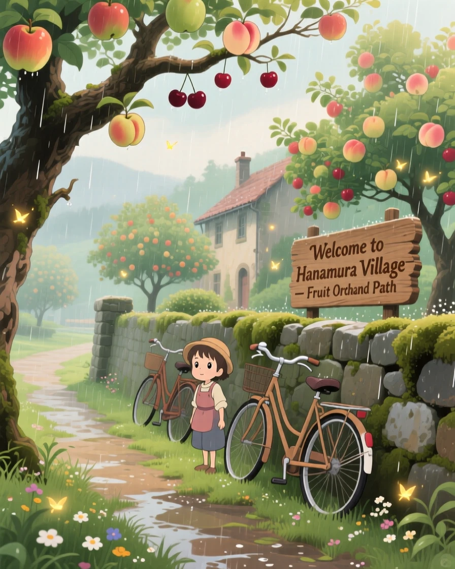 A village bordered by orchards heavy with fruit, with bicycles leaning against a low stone wall, during a light spring shower.