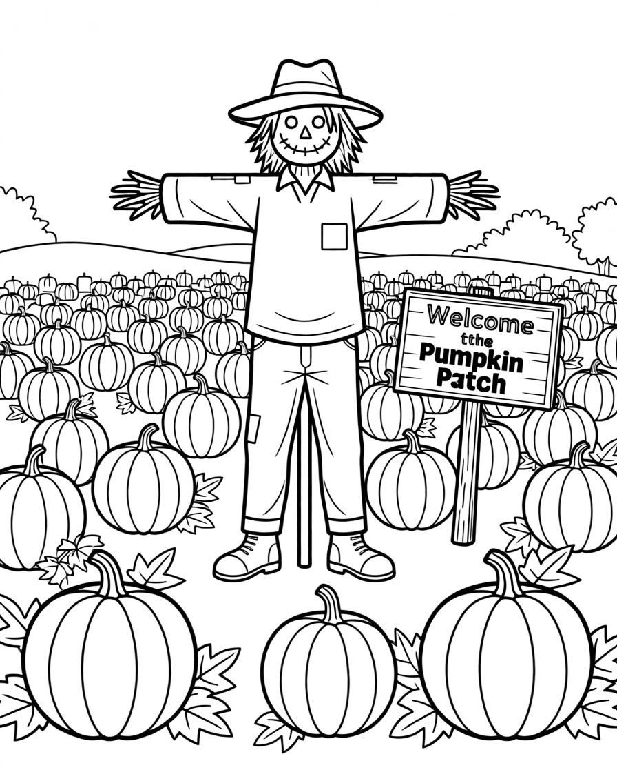 A pumpkin patch ready for harvest with a scarecrow standing guard