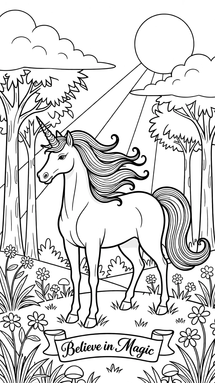A majestic unicorn standing in an enchanted glade, with beams of moonlight cutting through the clouds.