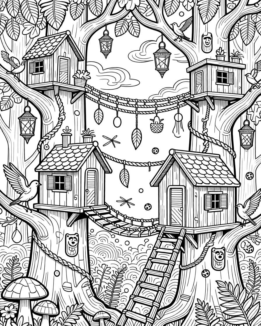 A treehouse village connected by rope bridges high in an ancient forest.