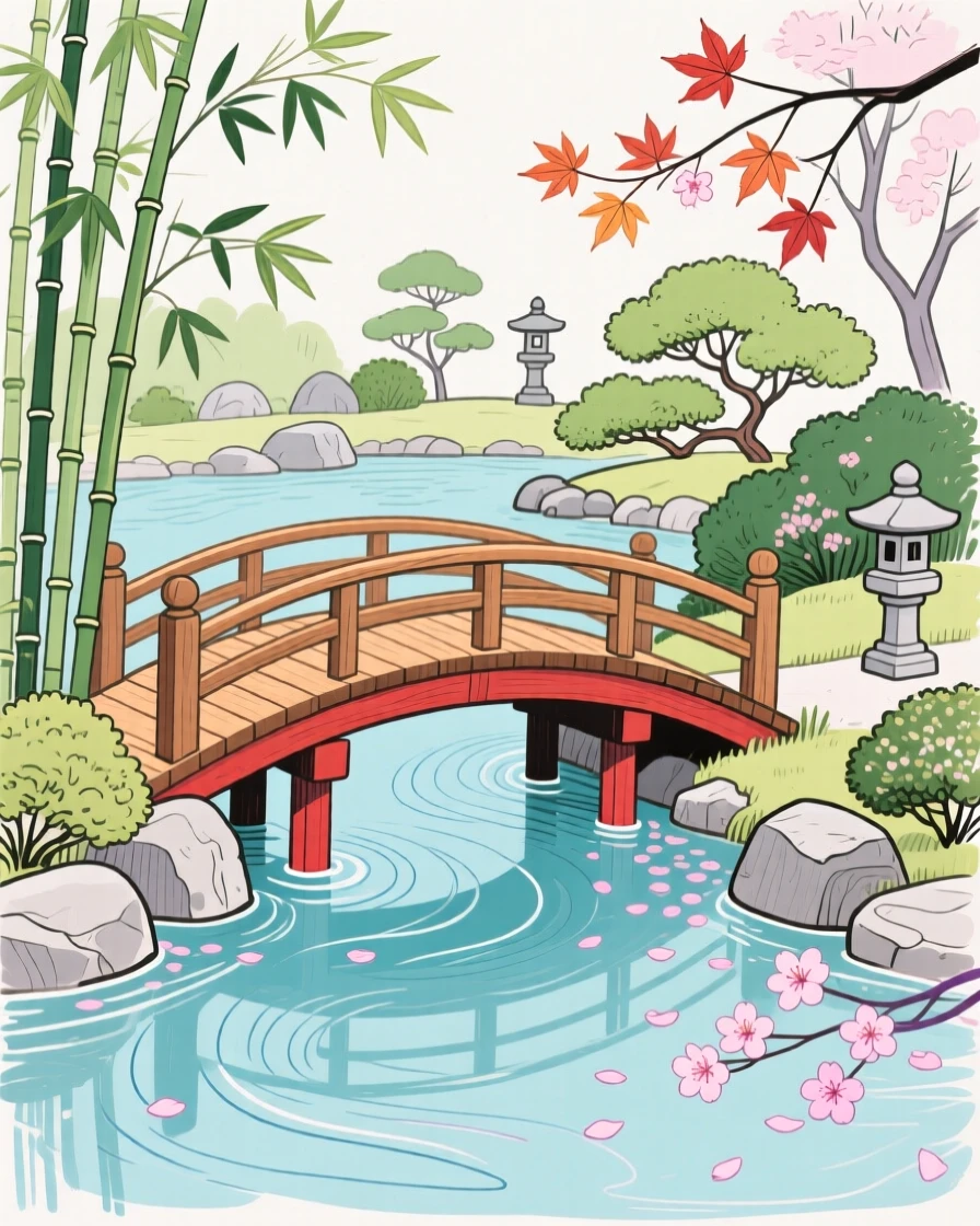 A tranquil Japanese garden with a curved wooden bridge.