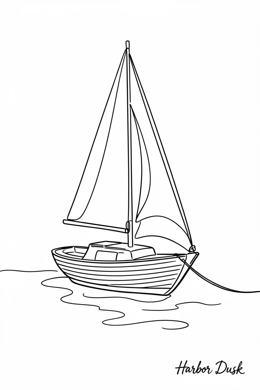 A classic wooden sailboat moored in a quiet harbor at dusk