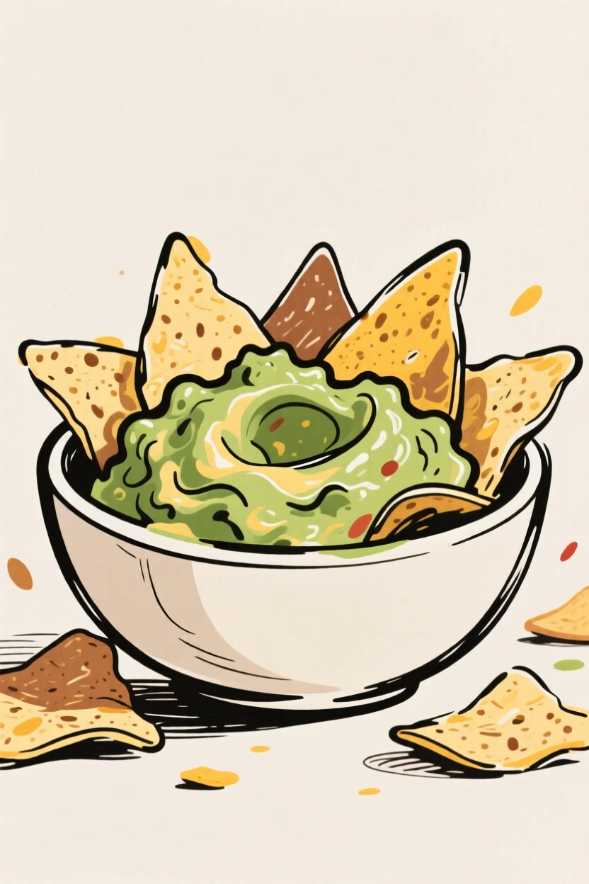 A bowl of guacamole surrounded by crispy tortilla chips.