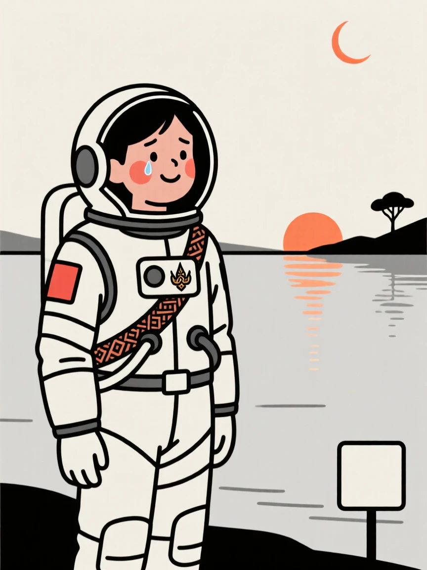 An astronaut of thai heritage in training, holding back happy tears, beside a calm lake at sunrise.