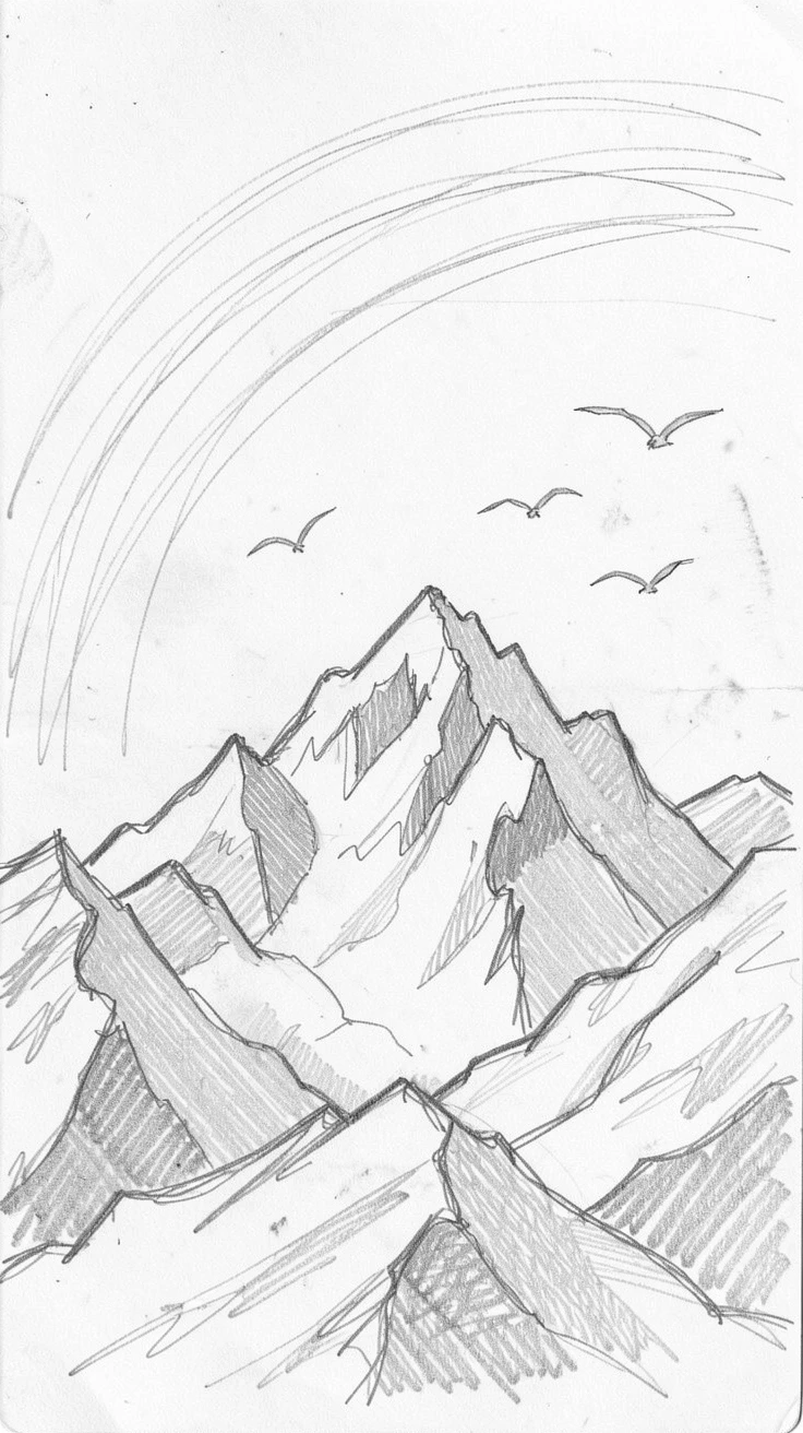 A breathtaking view of a snow-capped mountain range, under a rainbow arching after a storm, with birds soaring overhead.