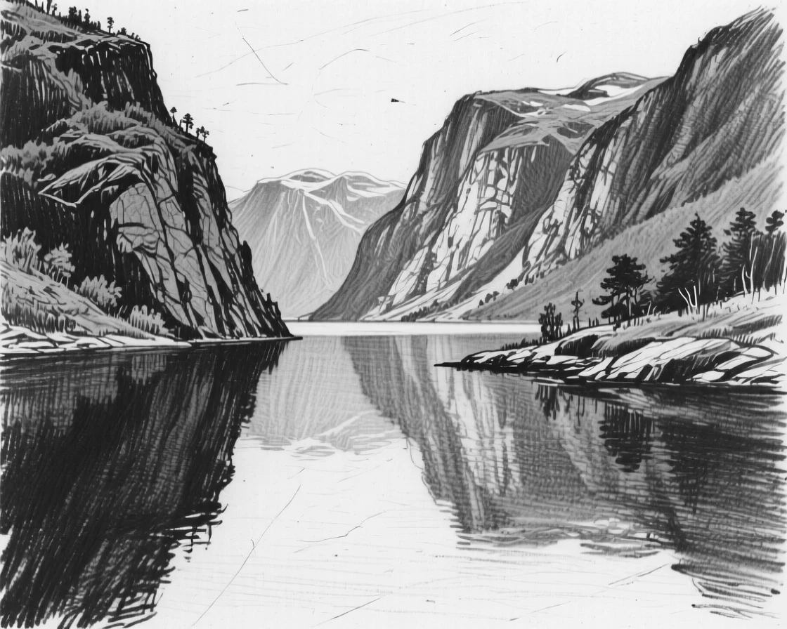 A quiet fjord reflecting perfectly in still water below.