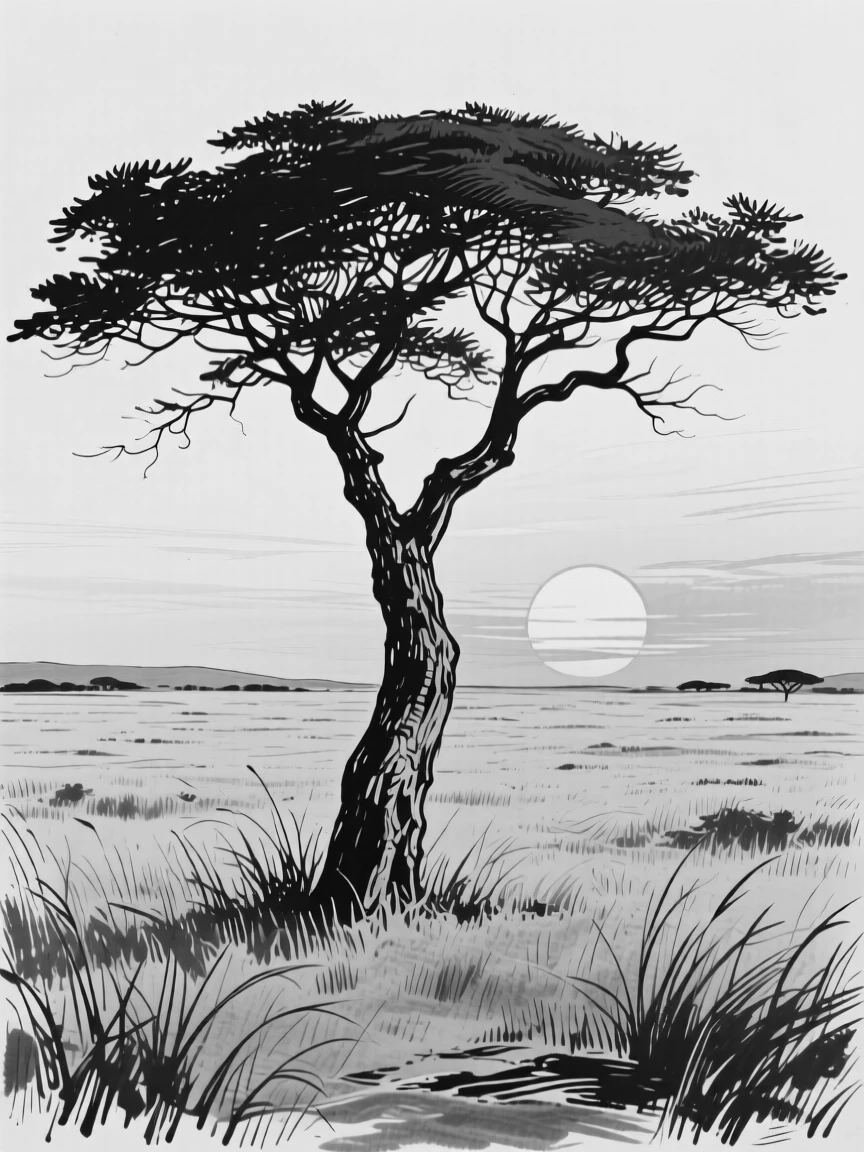 A vast open savanna with a single acacia tree silhouetted at sunset.