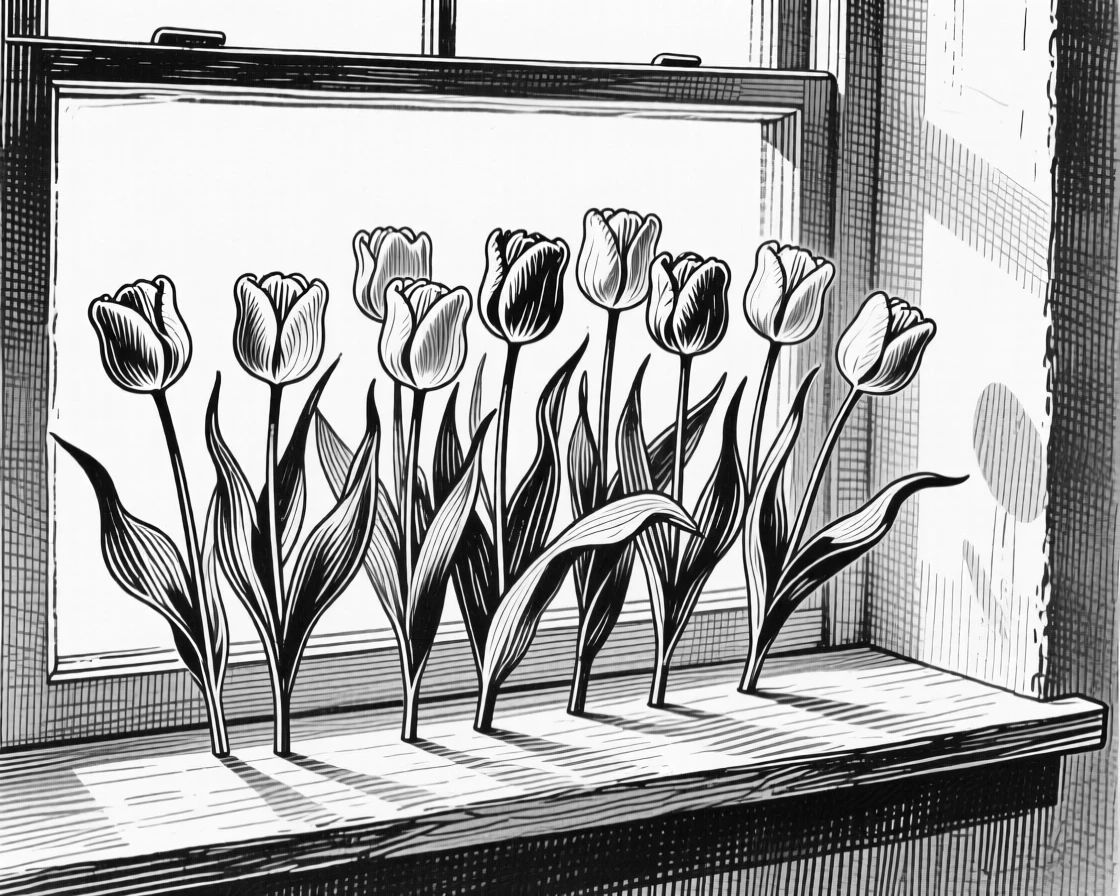A field of tulips arranged on a windowsill in soft light, with petals catching a beam of light, composed in a peacefully simple still-life arrangement.