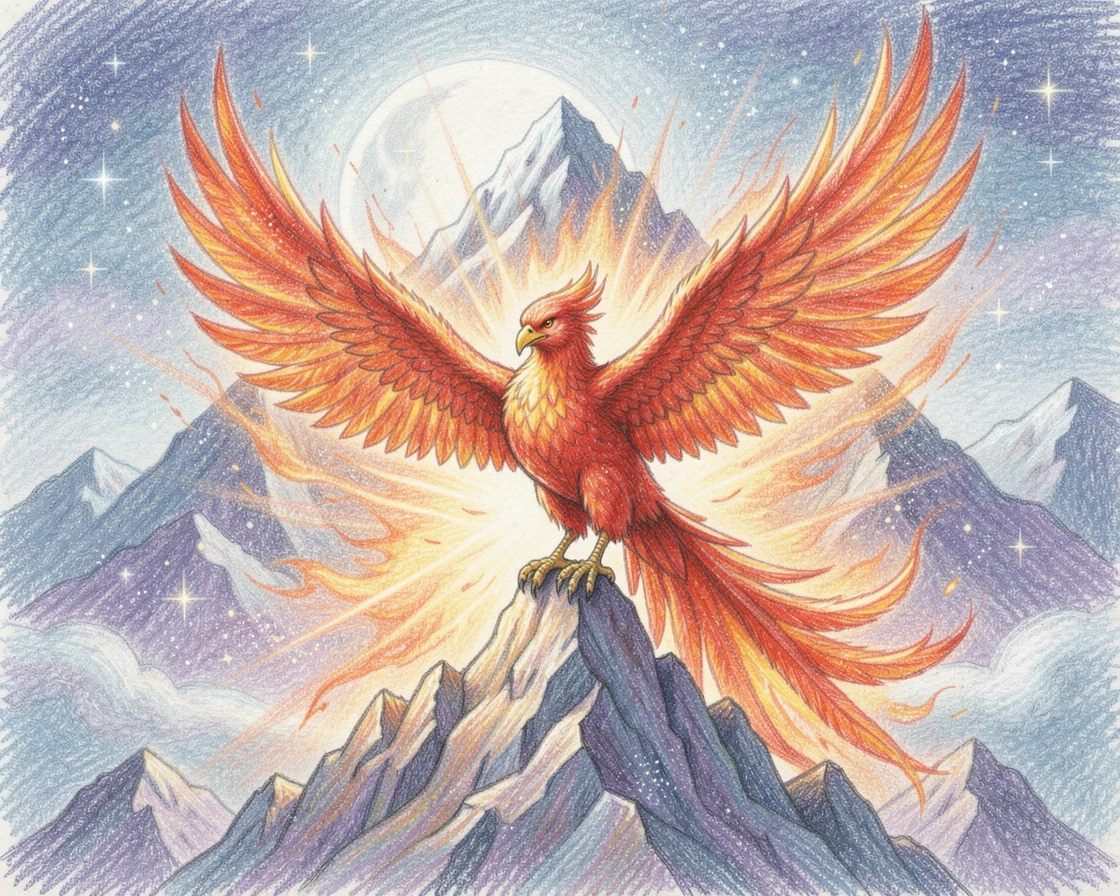 A phoenix rising in a burst of fiery light above a mountain peak, bathed in an otherworldly blend of moonlight and magic, evoking childhood wonder and magical storytelling.
