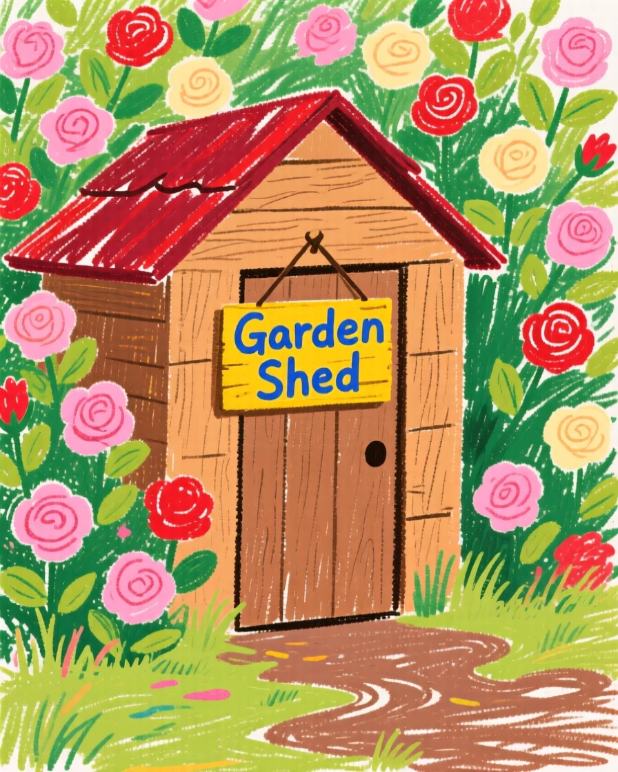 A rustic garden shed surrounded by blooming rose bushes.