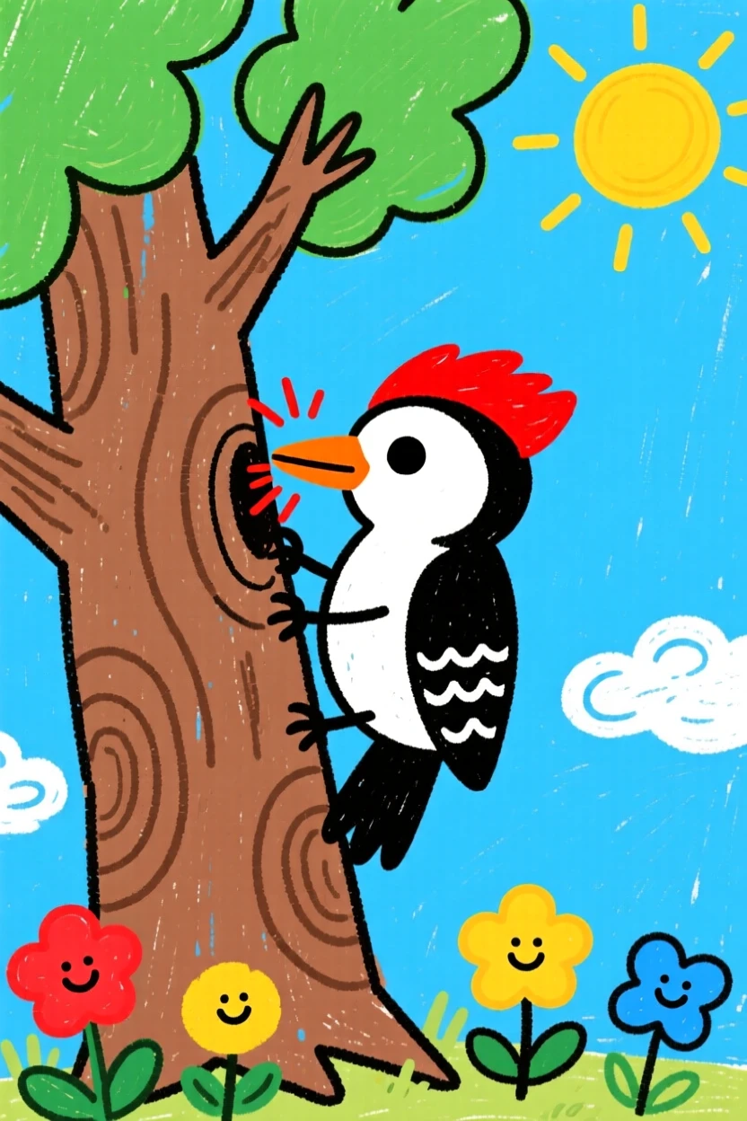 A woodpecker tapping on an old oak tree.