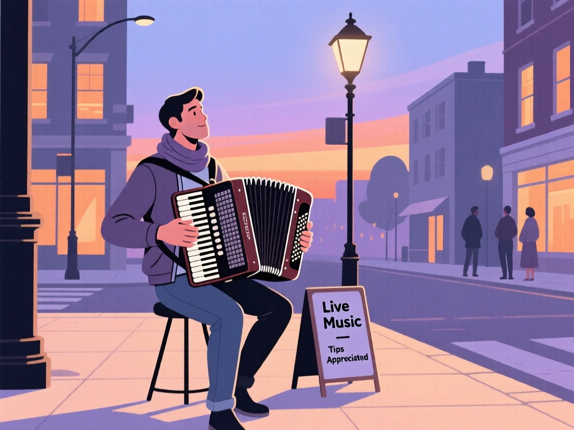 A street musician playing accordion on a lively city corner at dusk.
