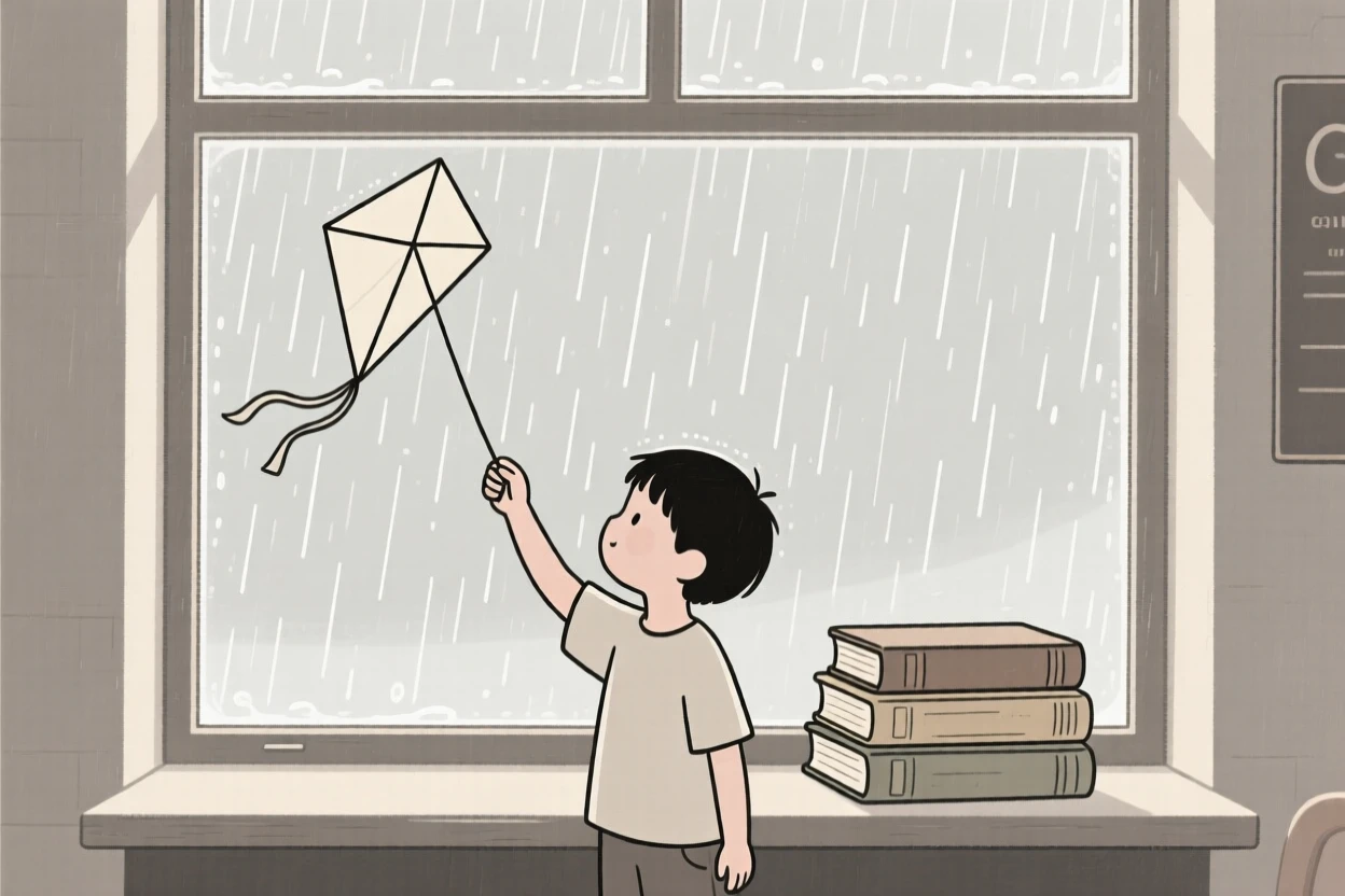 A child flying a kite in a rainy café window, surrounded by a stack of old books, conveying quiet joy.