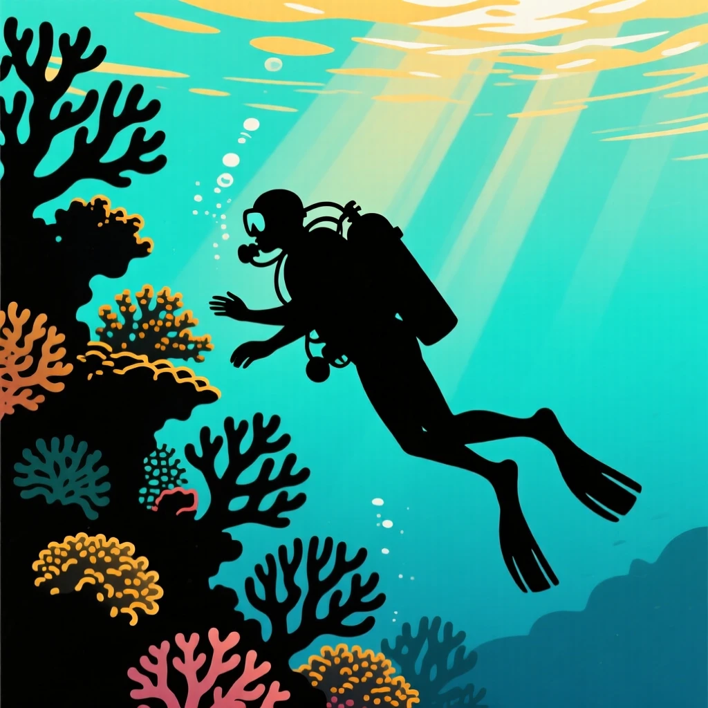 A scuba diver hovering beside a vibrant coral wall deep underwater.
