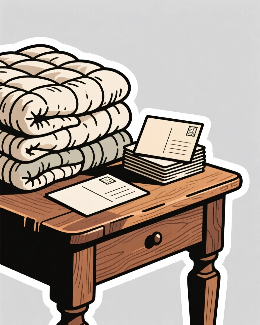 A homely stack of folded quilts, resting beside a stack of postcards, on a vintage wooden desk.
