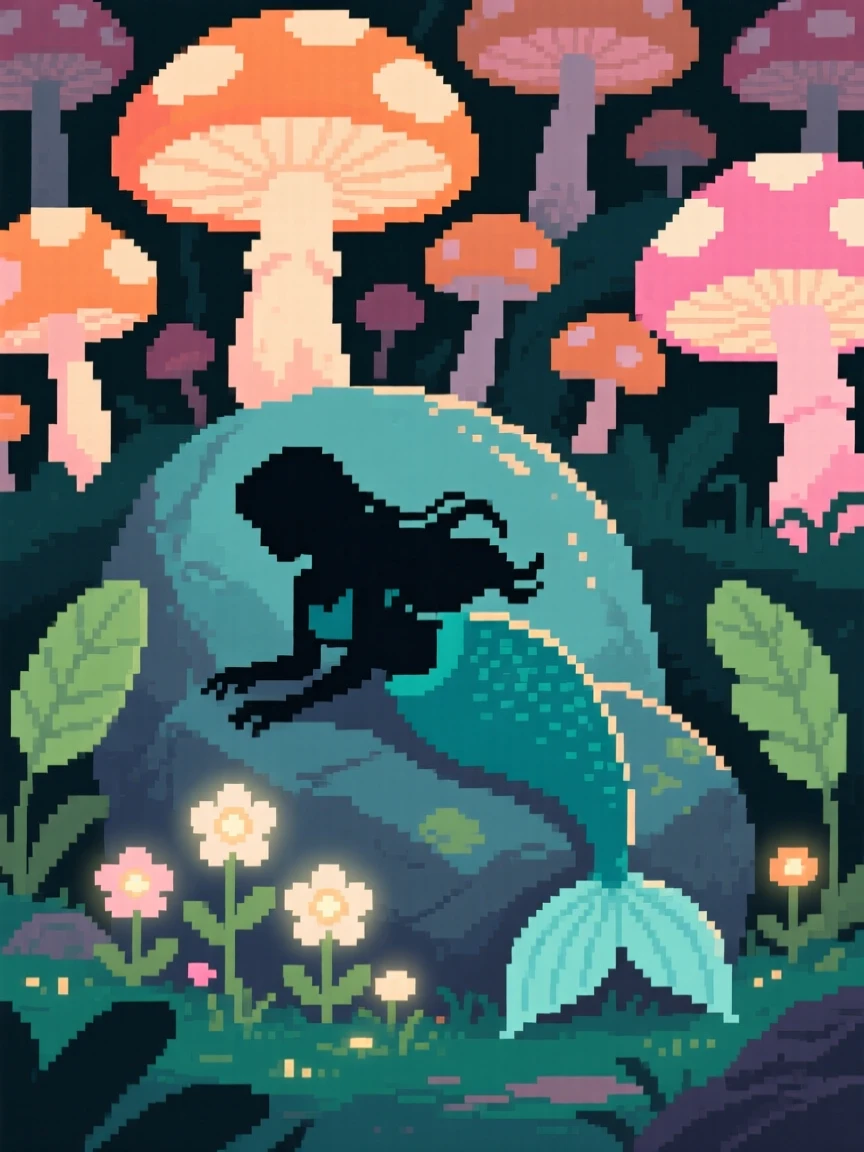 A mermaid resting on a rock tending a garden of enchanted flowers, beneath a canopy of glowing mushrooms.