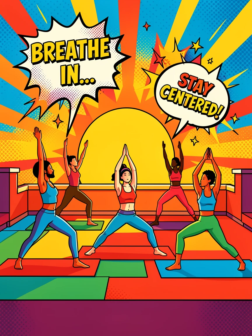 A group fitness class doing yoga on a rooftop at sunrise