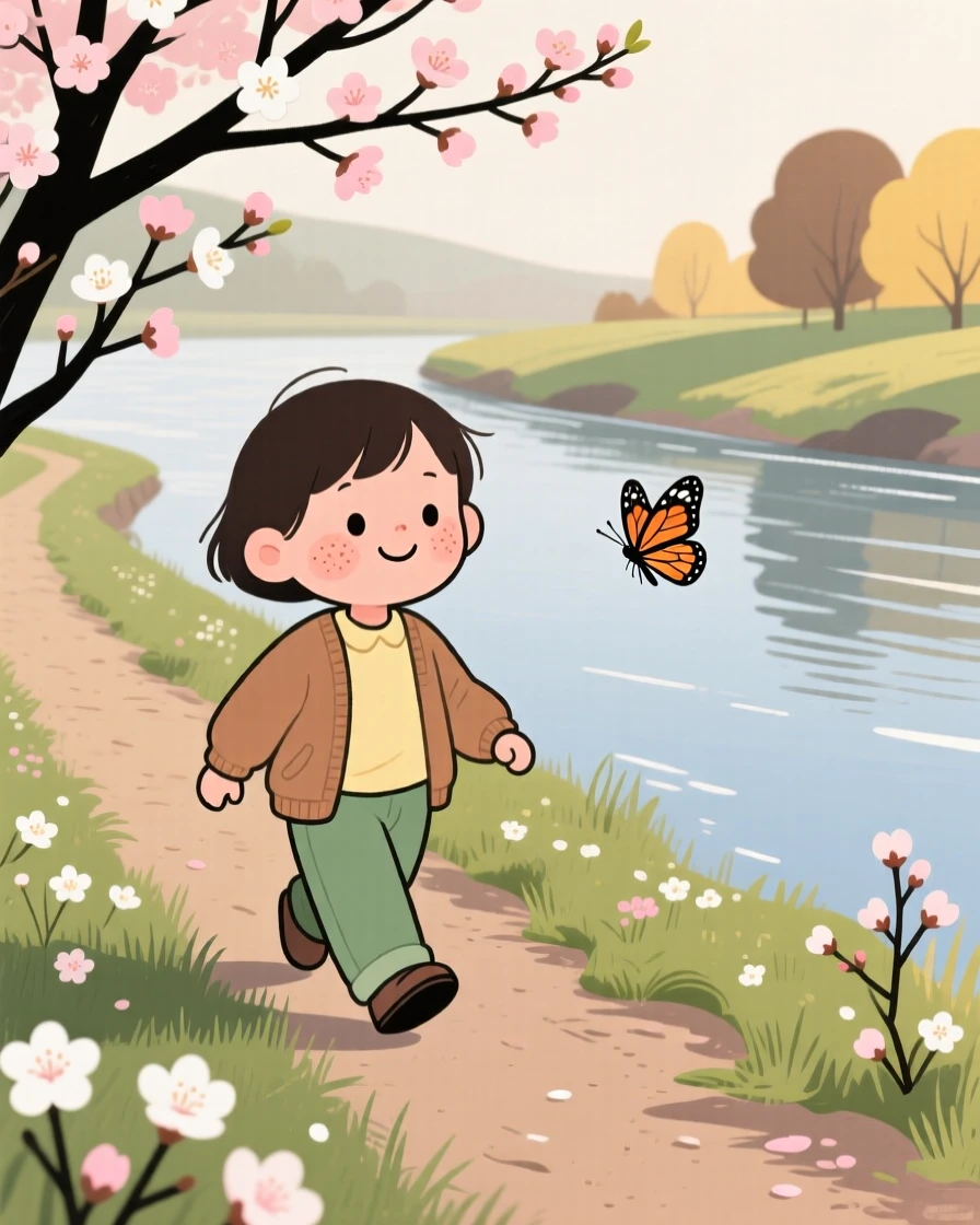 The first blossoms of spring open along a riverside trail as a child chasing a butterfly walks slowly by, smiling at the warmth returning in the mild morning air.