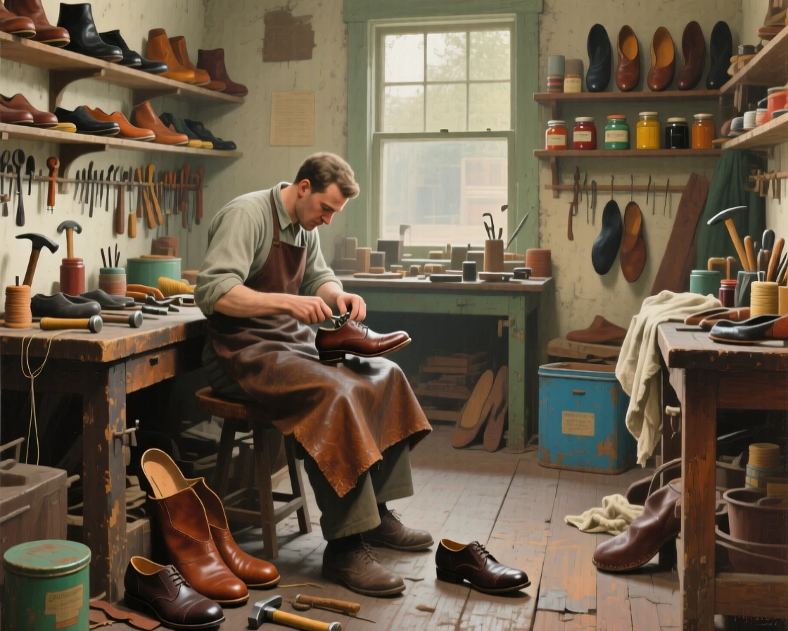 A wide establishing shot of a cobbler repairing shoes in a cluttered workshop lined with tools, at midday, in the 1950s.