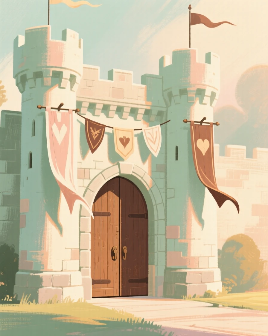 A castle gatehouse with banners fluttering in the wind