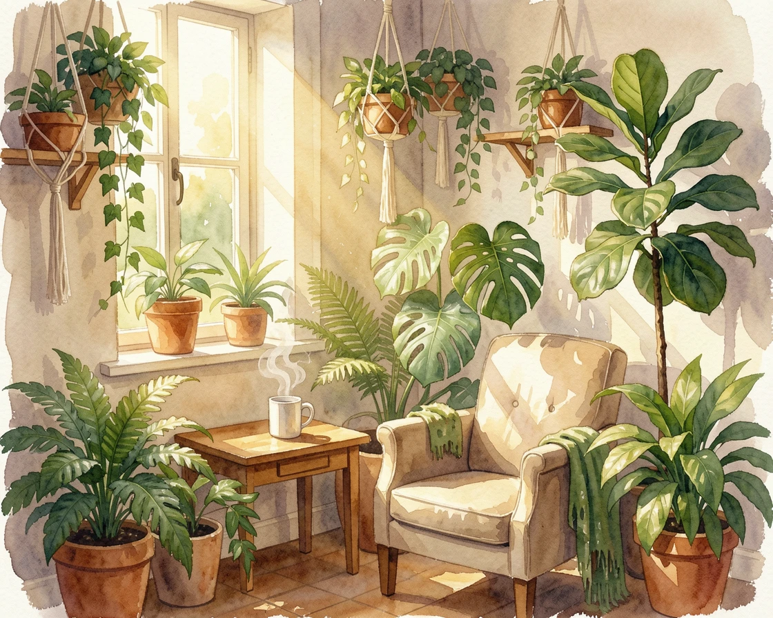 A study filled with houseplants and sunlight with a steaming mug on a side table.