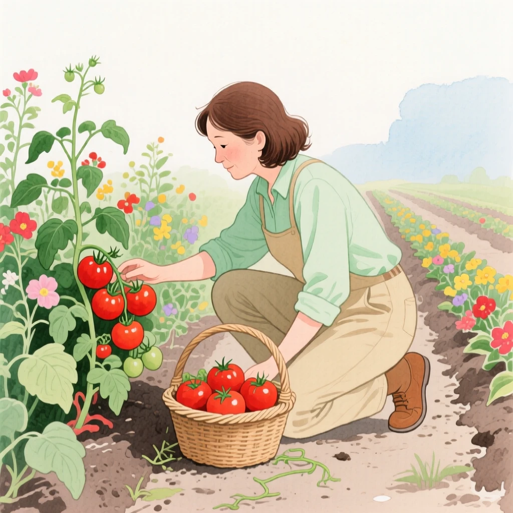 A gardener kneels among rows of blooming vegetables, a basket of freshly picked tomatoes beside her