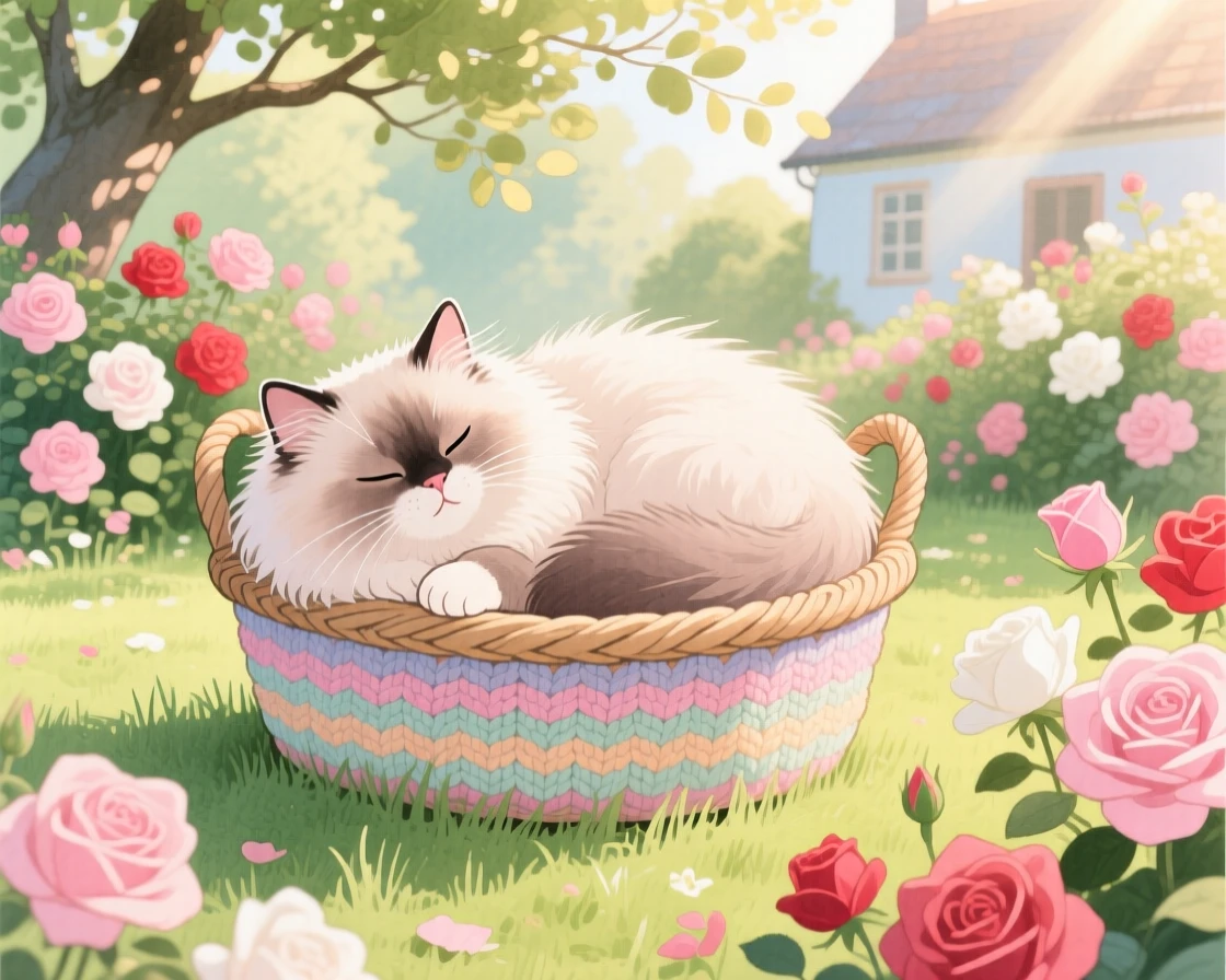A fluffy persian cat curling up inside a knitted basket, set in a sunny cottage garden overflowing with roses, evoking warmth and gentle affection.