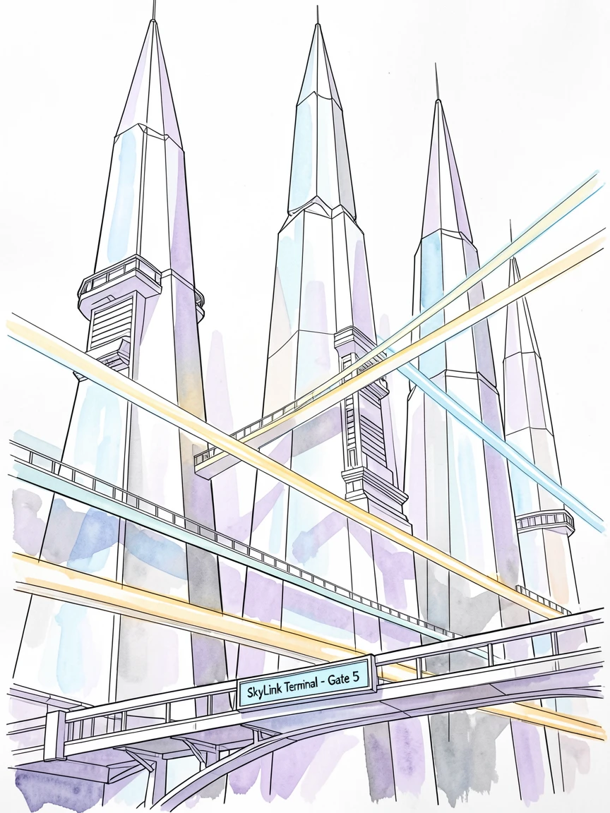 A city built into towering crystal spires, bridges of light connecting each glowing tower