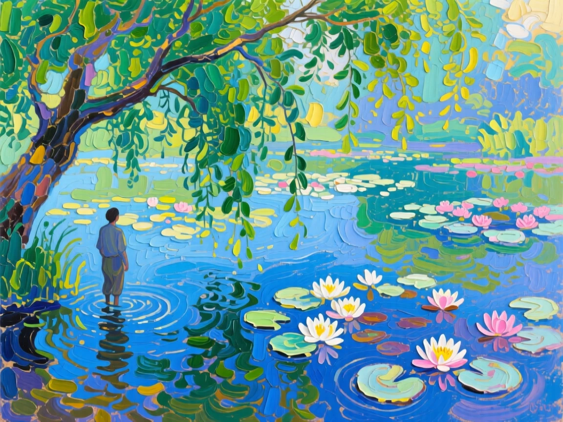a pond with water lilies beneath a willow, in soft morning light, from an inviting eye-level viewpoint.