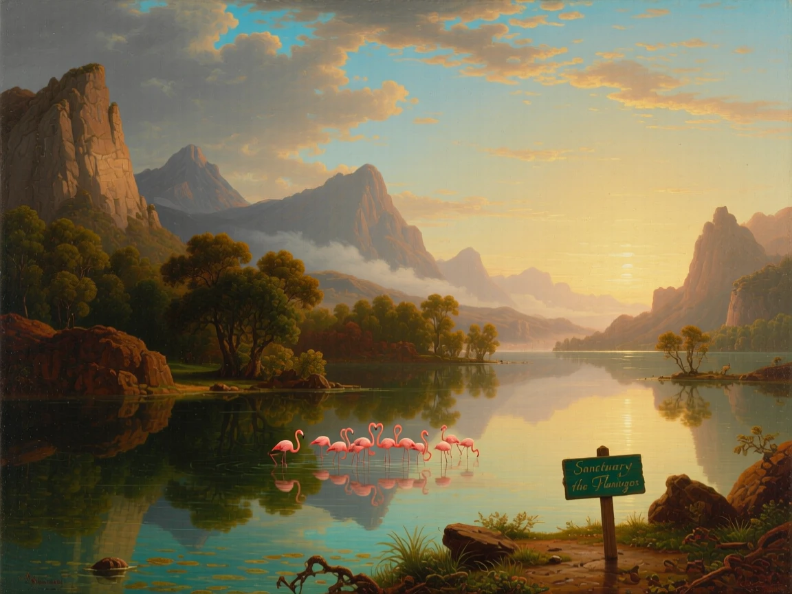 A flock of flamingos wades through a shallow, mirror-still lagoon.