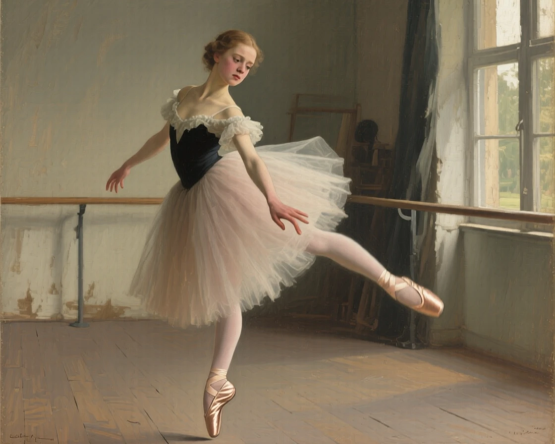 A young ballerina in mid-leap, her expression full of focus and grace, framed closely to draw focus to their heartfelt expression, telling a complete story through a single powerful expression