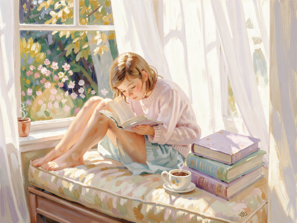A young reader curled up in a window seat with a stack of books and a cup of cocoa.