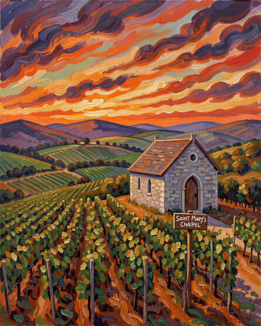 A quiet chapel on a hilltop overlooking vineyards at sunset.